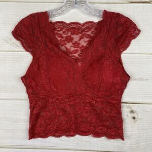 Kathy Top Womens L/XL Red Lace V Neck Padded Cropped Pullover Sexy Lingerie Club